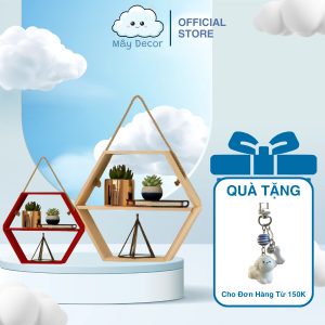 Kệ gỗ treo tường lục giác 2 ngăn dây thừng decor